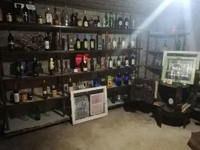 a room filled with shelves filled with lots of wine bottles at Apartmani Feliks in Resavica