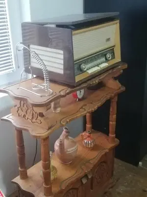 a wooden table with a radio on top of it at Apartmani Feliks in Resavica
