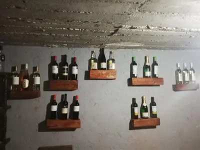 a bunch of bottles of wine on a wall at Apartmani Feliks in Resavica