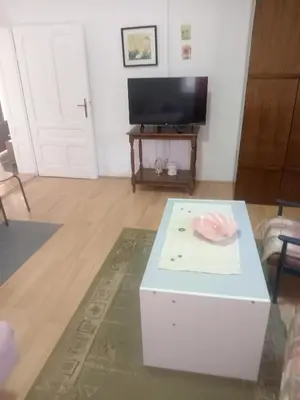 a living room with a table and a tv at Palamar in Kuršumlija