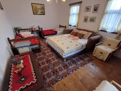 a living room with a bed and a couch at Seosko Domaćinstvo Jevtić in Ždraljica