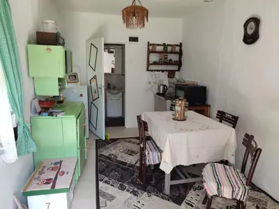 a kitchen with a table and a green refrigerator at Seosko Domaćinstvo Jevtić in Ždraljica