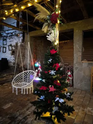 a christmas tree in a room with a swing at Vila Kruna in Pirot