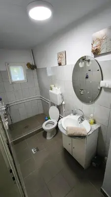 a bathroom with a toilet and a sink and a mirror at Vila Kruna in Pirot