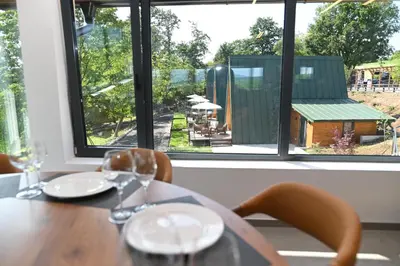 a table with chairs and a view of a garden from a window at Horizonti in Vrmdža