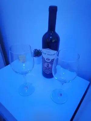 a bottle of wine and two wine glasses on a table at Apartman Zapadni Kej Pirot in Pirot