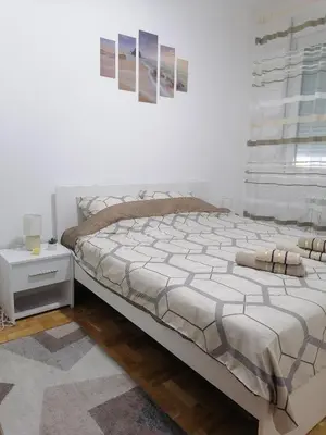 a bedroom with a large bed and a window at Apartman Zapadni Kej Pirot in Pirot