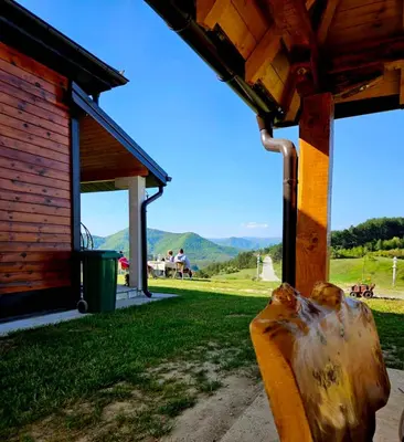 a cow head hanging from the side of a building at Kucica od drveta 1 in Kopaonik