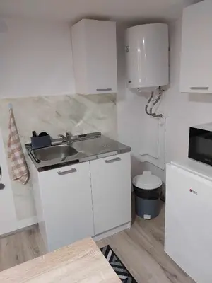 a white kitchen with a sink and a microwave at MAGNIV Home in Vranje