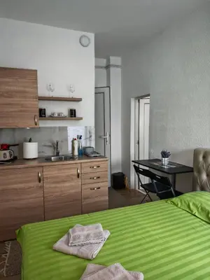 a bedroom with a green bed and a kitchen at Studio D&I in Vranje