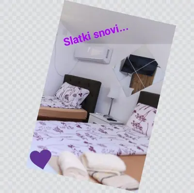 a poster of a bedroom with a bed and a table at Vila Misljenovic, u centru Sokobanje, na pesackoj zoni in Soko Banja