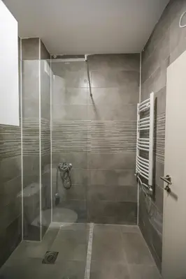 a bathroom with a shower with a glass door at Apartman Jelena in Vranje