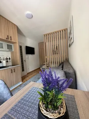 a living room with a couch and a table with purple flowers at Talija apartman 4 in Vrnjačka Banja