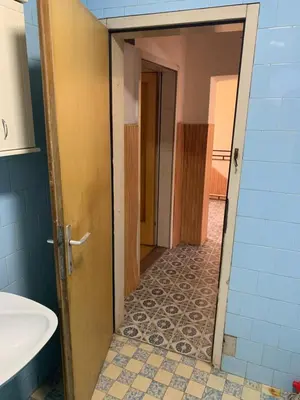 a bathroom with a door leading into a bathroom with a sink at Kuca u Prokuplju in Prokuplje