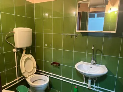 a green tiled bathroom with a toilet and a sink at Jelena in Vranje