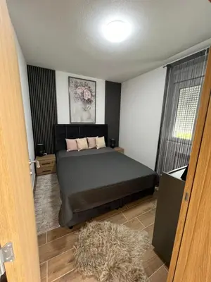a bedroom with a bed and a window at Apartman Tina , kod hotela Sunce in Soko Banja