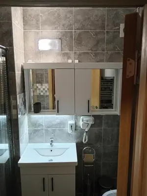 a bathroom with a sink and a mirror at Apartman Tina , kod hotela Sunce in Soko Banja