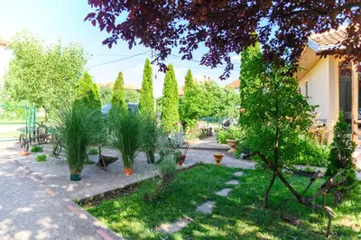 a garden with trees and plants in a yard at SPA apartman Tomin adults only in Soko Banja