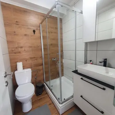 a bathroom with a shower and a toilet and a sink at Royal Villa - HAWAII in Vrnjačka Banja