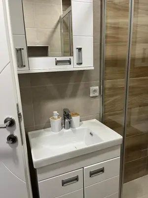 a bathroom with a white sink and a shower at ADA Vrnjacka Banja in Vrnjačka Banja