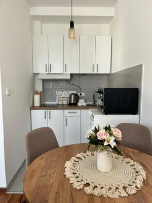 a kitchen with a table with a vase of flowers on it at ADA Vrnjacka Banja in Vrnjačka Banja