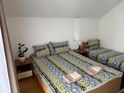 two twin beds in a room with at Lola in Prolomska Banja