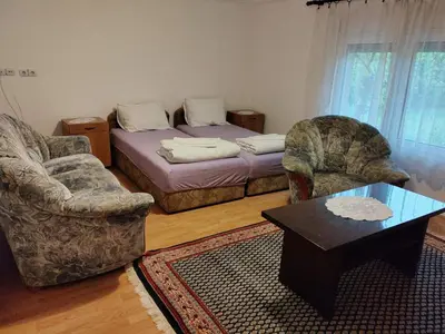 a living room with a bed and two chairs and a table at Studio Petrović in Soko Banja
