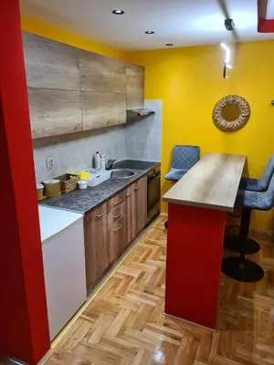 a kitchen with a counter and a red and yellow wall at Stan na dan Braca in Niš