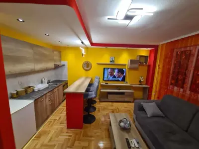 a kitchen and living room with a couch and a tv at Stan na dan Braca in Niš
