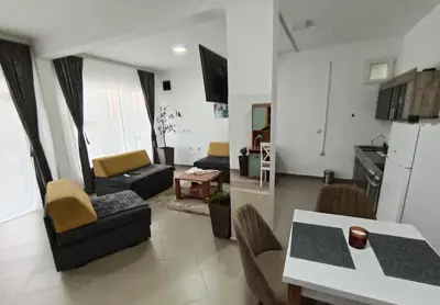 a living room with a couch and a table at Apartman predah Vranje FREE PARKING U SKLOPU JEDINICE in Vranje