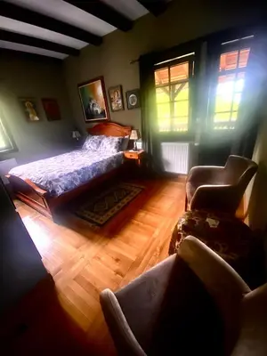 a bedroom with a bed and a chair in a room at Miletića čardak Ribarska Banja in Ribarska Banja