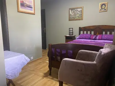 a bedroom with a bed with purple sheets and a chair at Miletića čardak Ribarska Banja in Ribarska Banja