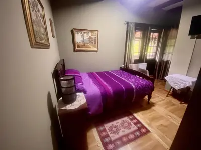 a bedroom with a purple bed in a room at Miletića čardak Ribarska Banja in Ribarska Banja