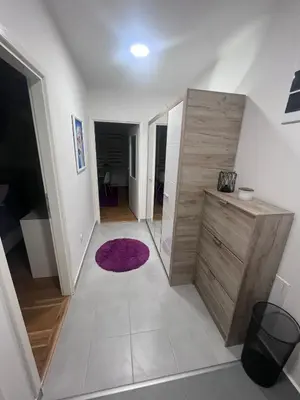 a room with a hallway with a purple rug at Apartman Iva in Pirot