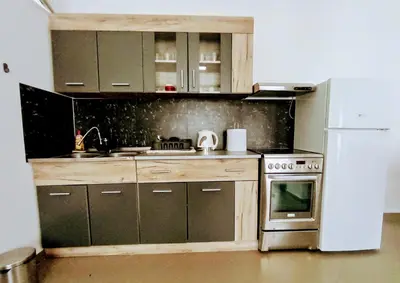 a kitchen with wooden cabinets and a white refrigerator at Predah in Vranje