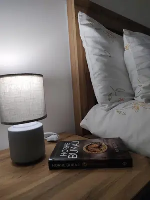 a book on a table next to a bed with a lamp at Apartman Marla Vrnjacka Banja in Vrnjačka Banja