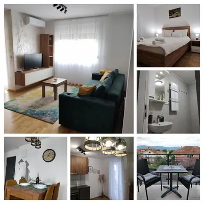 a collage of photos of a living room and a bedroom at Apartman Marla Vrnjacka Banja in Vrnjačka Banja