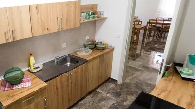 a kitchen with wooden cabinets and a sink at Lesnik vacation home in Despotovac