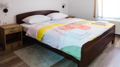 a bedroom with a large bed with a colorful blanket at Lesnik vacation home in Despotovac