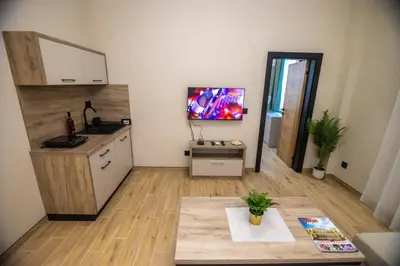 a kitchen with a sink and a tv on the wall at Apartmani Monero in Vrnjačka Banja
