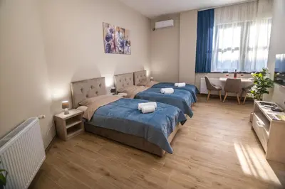 a bedroom with two beds and a table and a desk at Apartmani Monero in Vrnjačka Banja