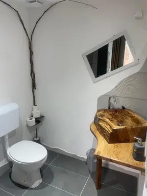 a bathroom with a wooden sink and a toilet at Krupajsko vrelo in Milanovac