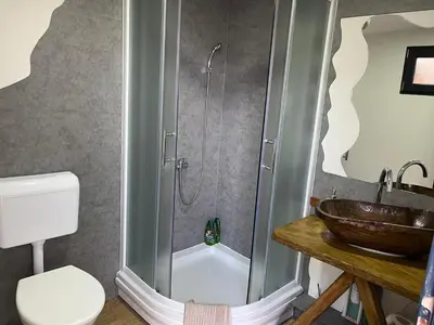 a bathroom with a sink and a shower and a toilet at Krupajsko vrelo in Milanovac