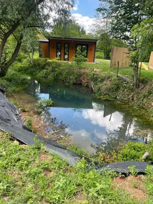 a house with a pond in front of it at Krupajsko vrelo in Milanovac