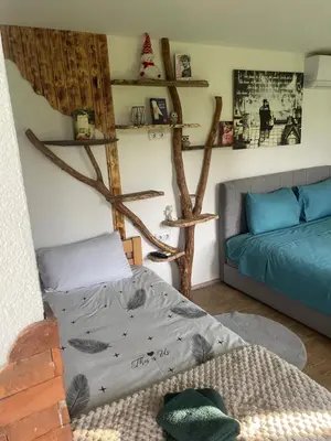a bedroom with a bed and a couch and shelves at Krupajsko vrelo in Milanovac