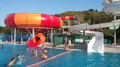 a group of people in the water at a water park at leoben in Jagodina