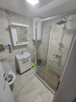 a bathroom with a shower and a toilet and a sink at Apartman Sorelle in Vrnjačka Banja