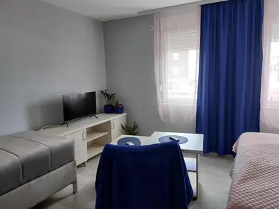 a bedroom with a bed and a tv and a couch at Apartments MIMOZA in Jagodina