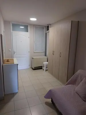 a bedroom with a bed and a table and a counter at Apartments MIMOZA in Jagodina