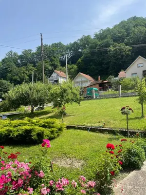 a garden with pink flowers in a yard at Apartman Jošanička Banja in Jošanička Banja